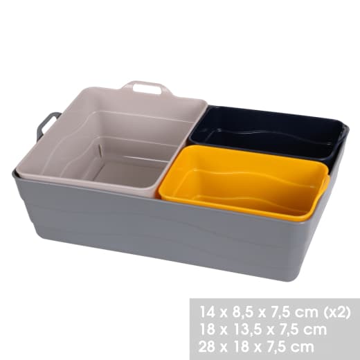 Conjunto de 4 cestos de armazenamento flexíveis e empilháveis em tamanhos e cores variadas.